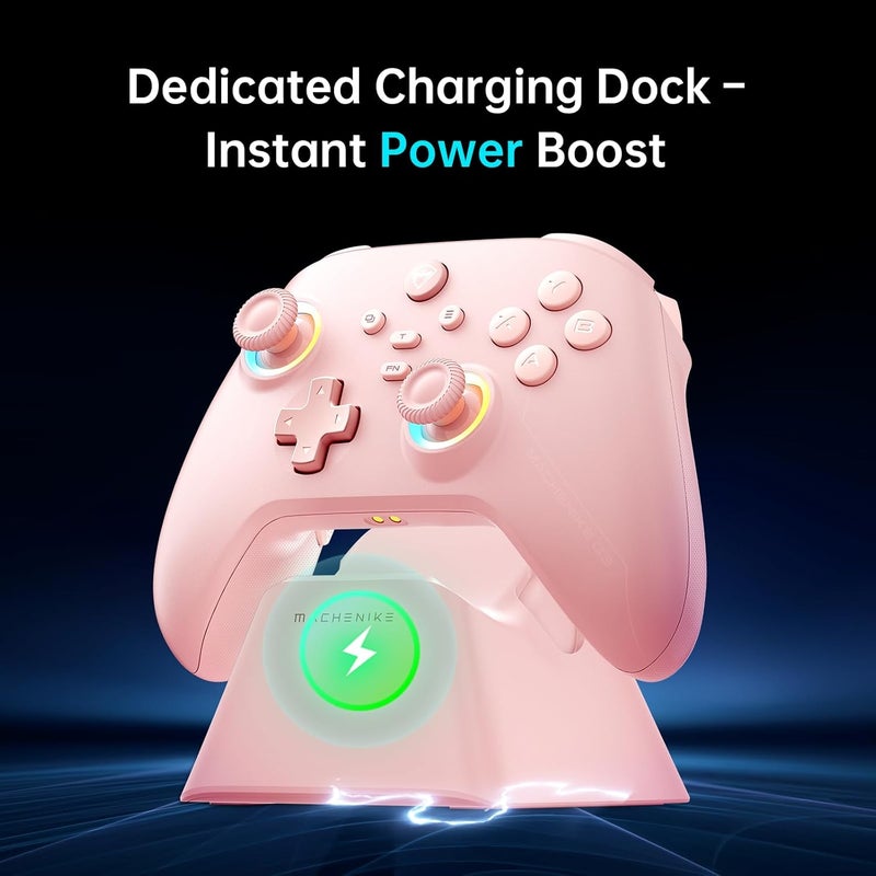 MACHENIKE جهاز تحكم بلوتوث G3V2 لجهاز الكمبيوتر/سويتش/آي أو إس/أندرويد، عصي تحكم بتأثير هول، إضاءة RGB، جهاز تحكم للألعاب، 2 زر قابل للبرمجة، بطارية 1000 مللي أمبير مع محطة شحن، وردي - Image 4